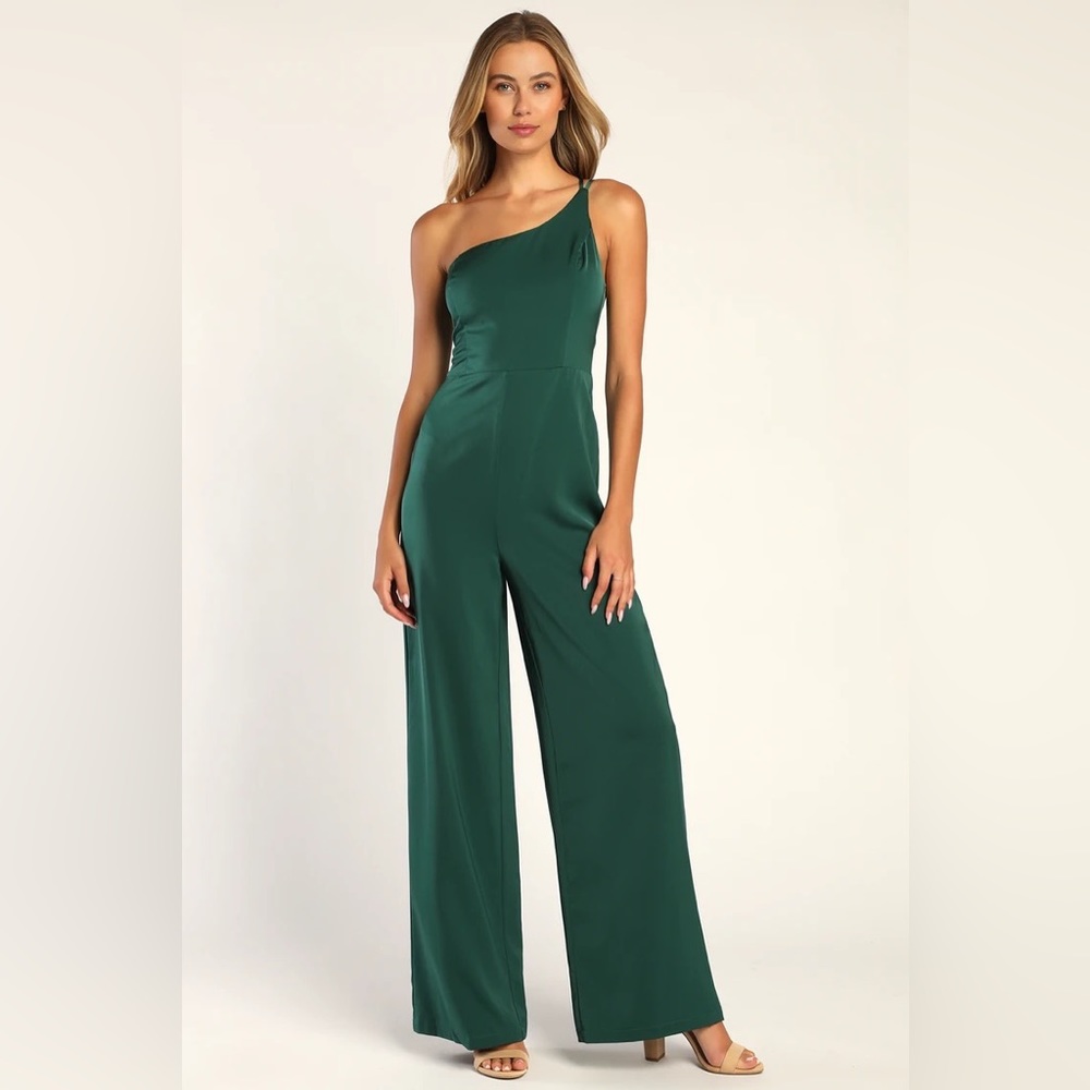 Emerald Green Satin One-Shoulder Wide-Leg Jumpsuit